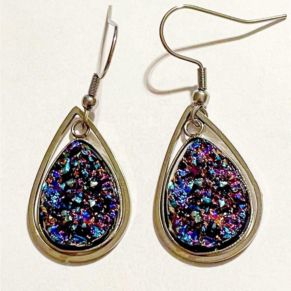 Iridescent Multicolored Druzy Teardrop Earrings